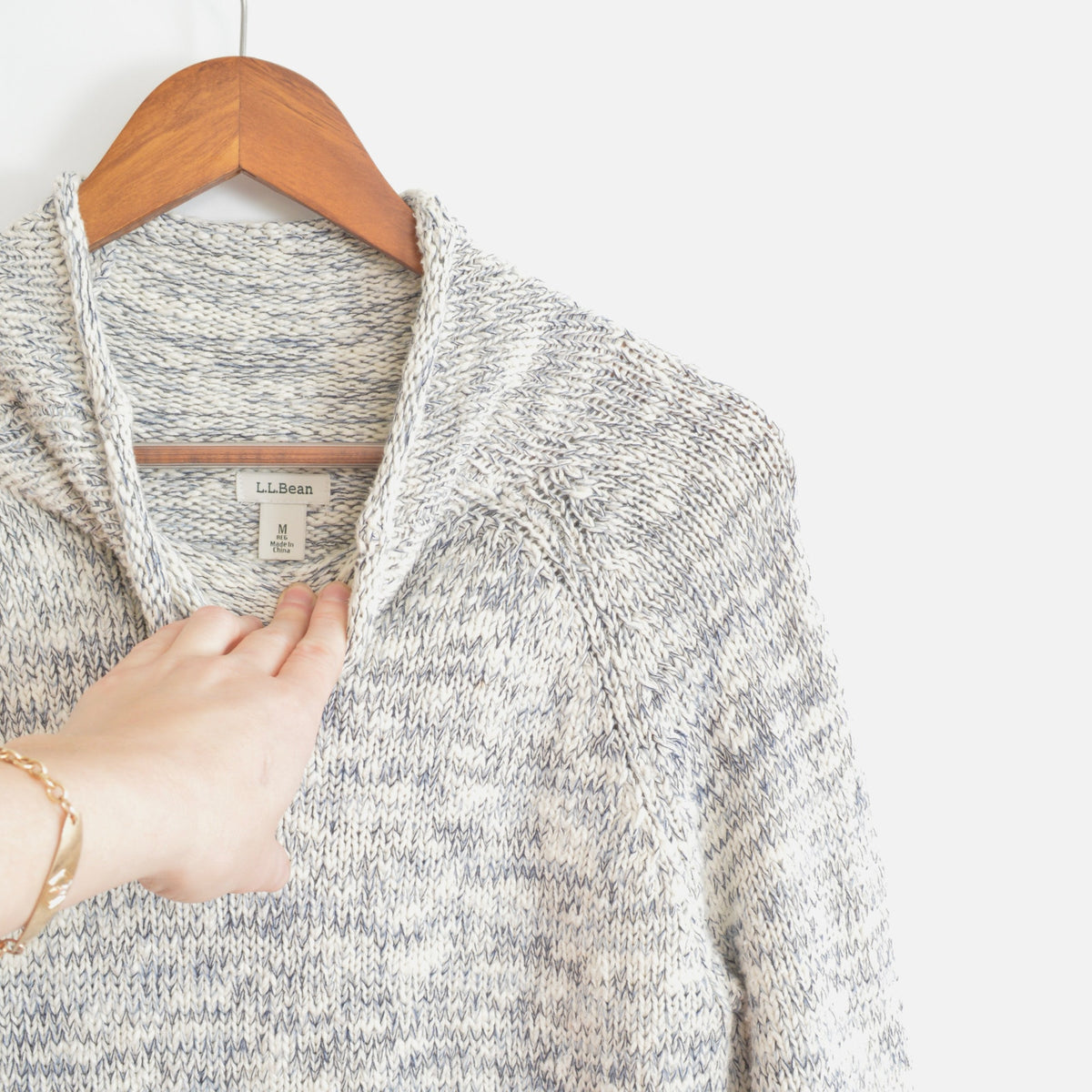 pure cotton blue and white speckled mock neck ll bean sweater