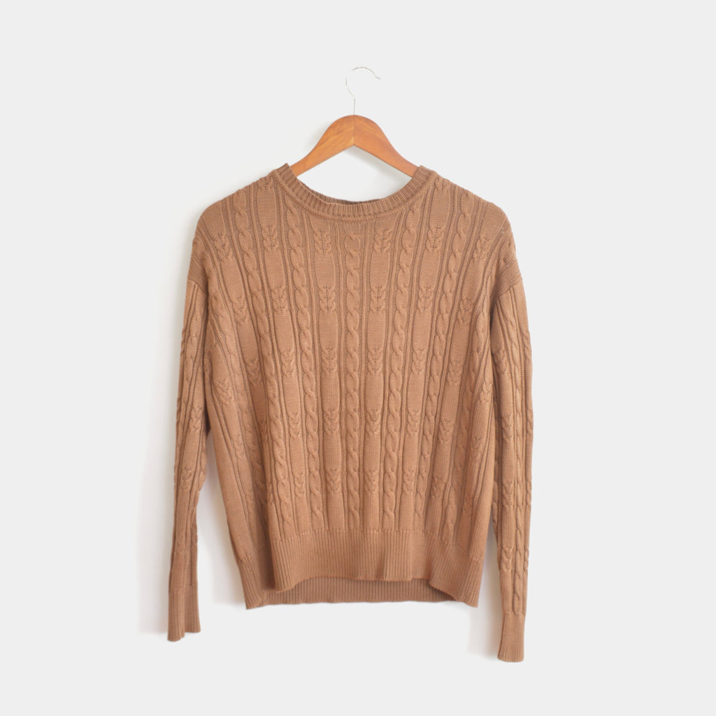 pure silk warm light brown cable knit crew neck sweater