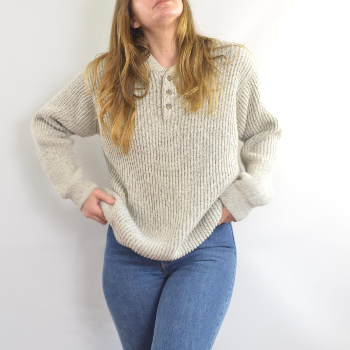 blue and white marled knit cotton quarter button vintage ll bean sweater
