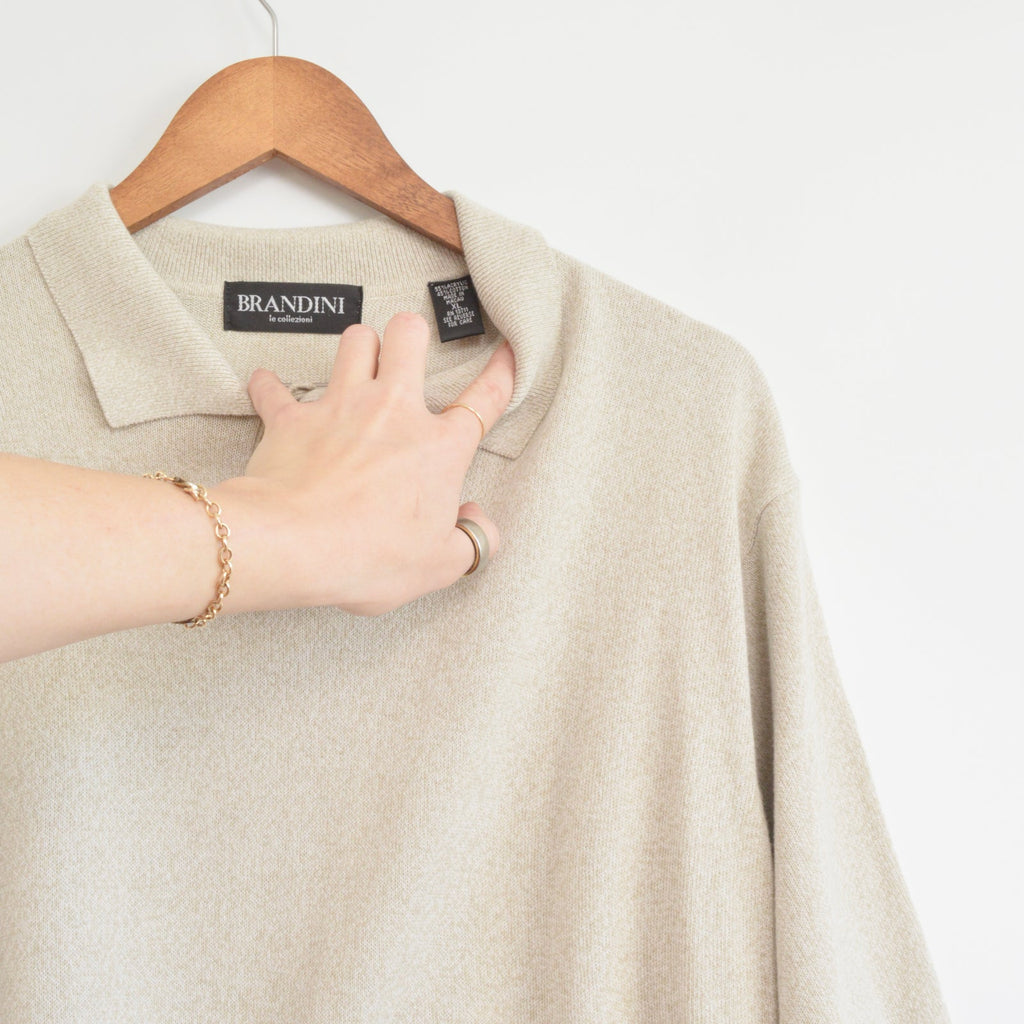beige heathered collared short sleeve cotton blend knit shirt
