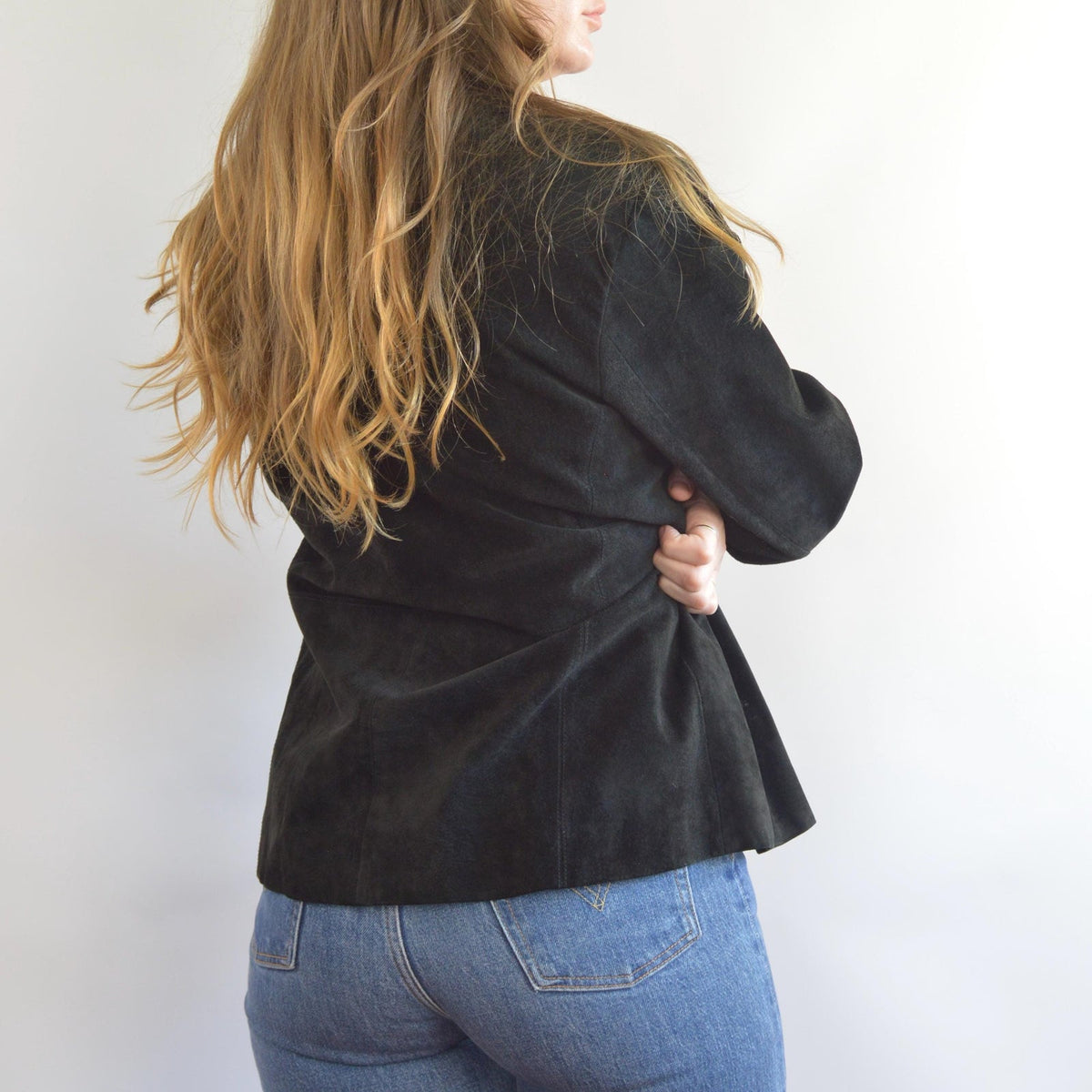 pure suede leather black slightly cropped single button jacket
