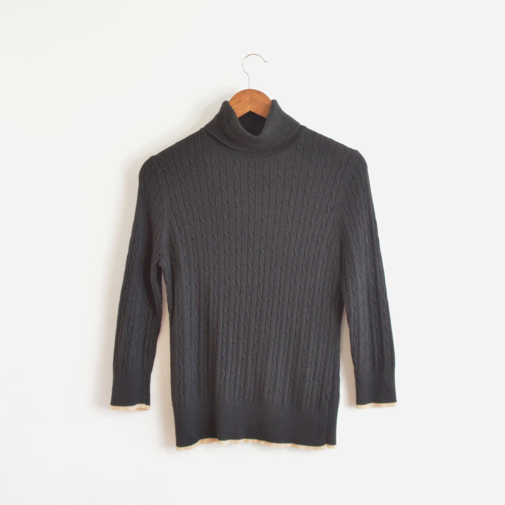 black cable knit cotton/cashmere/angora turtleneck with beige trim
