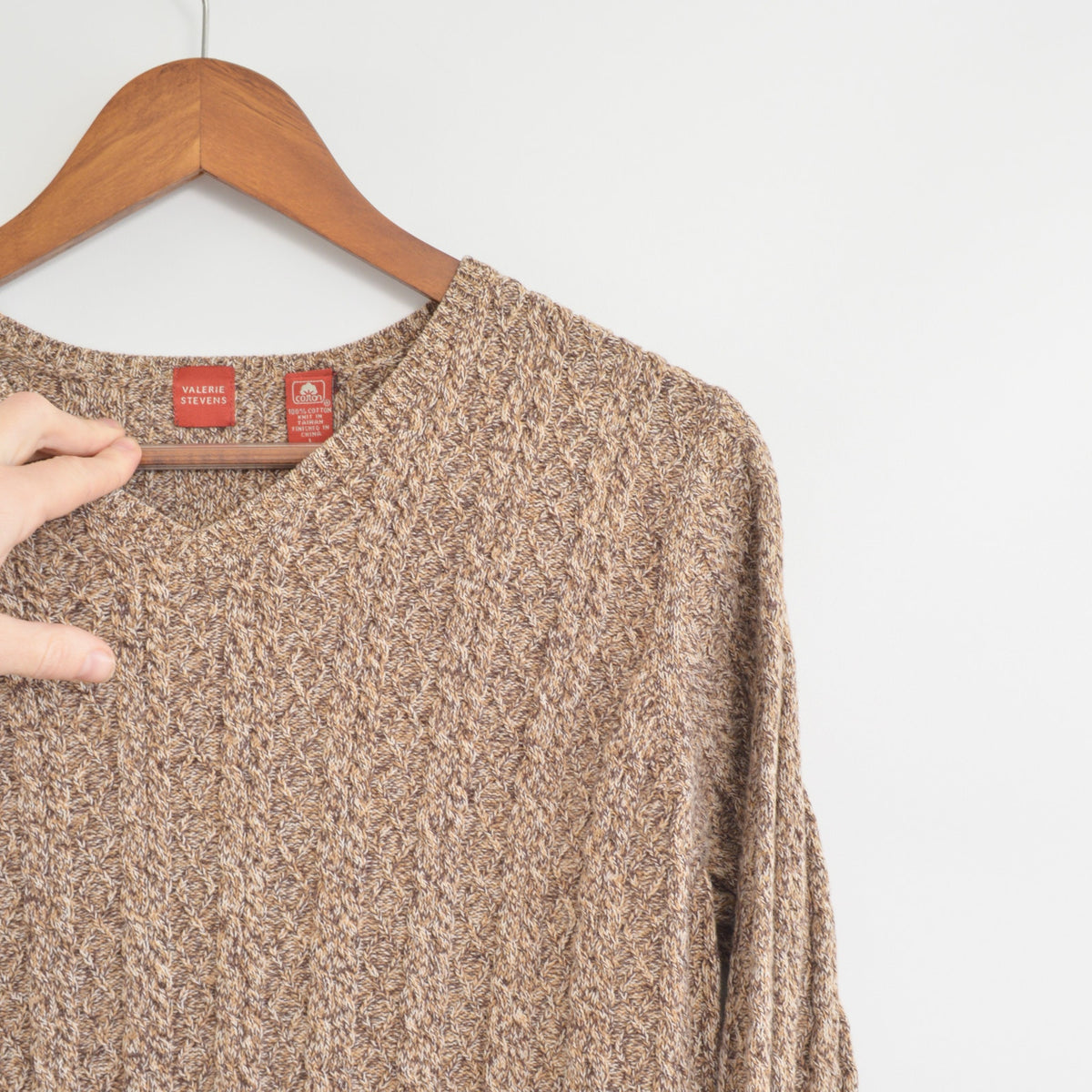 speckled brown and tan v-neck cotton cropped sweater