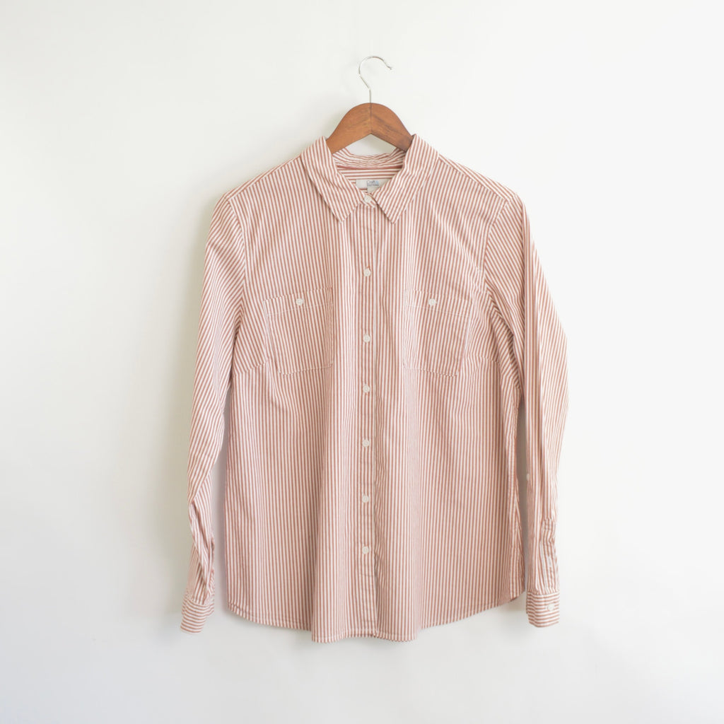 muted red and white striped cotton button down