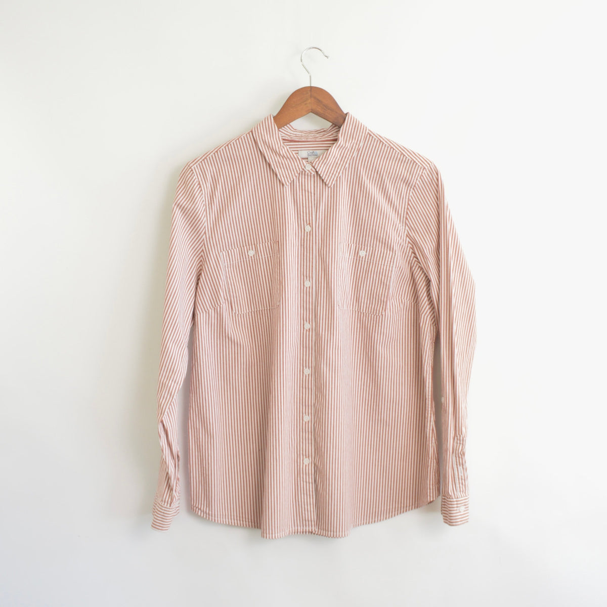 muted red and white striped cotton button down