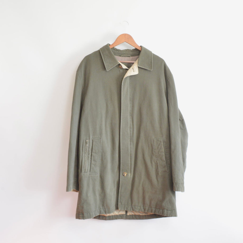 quilted olive green cotton mid length chore coat