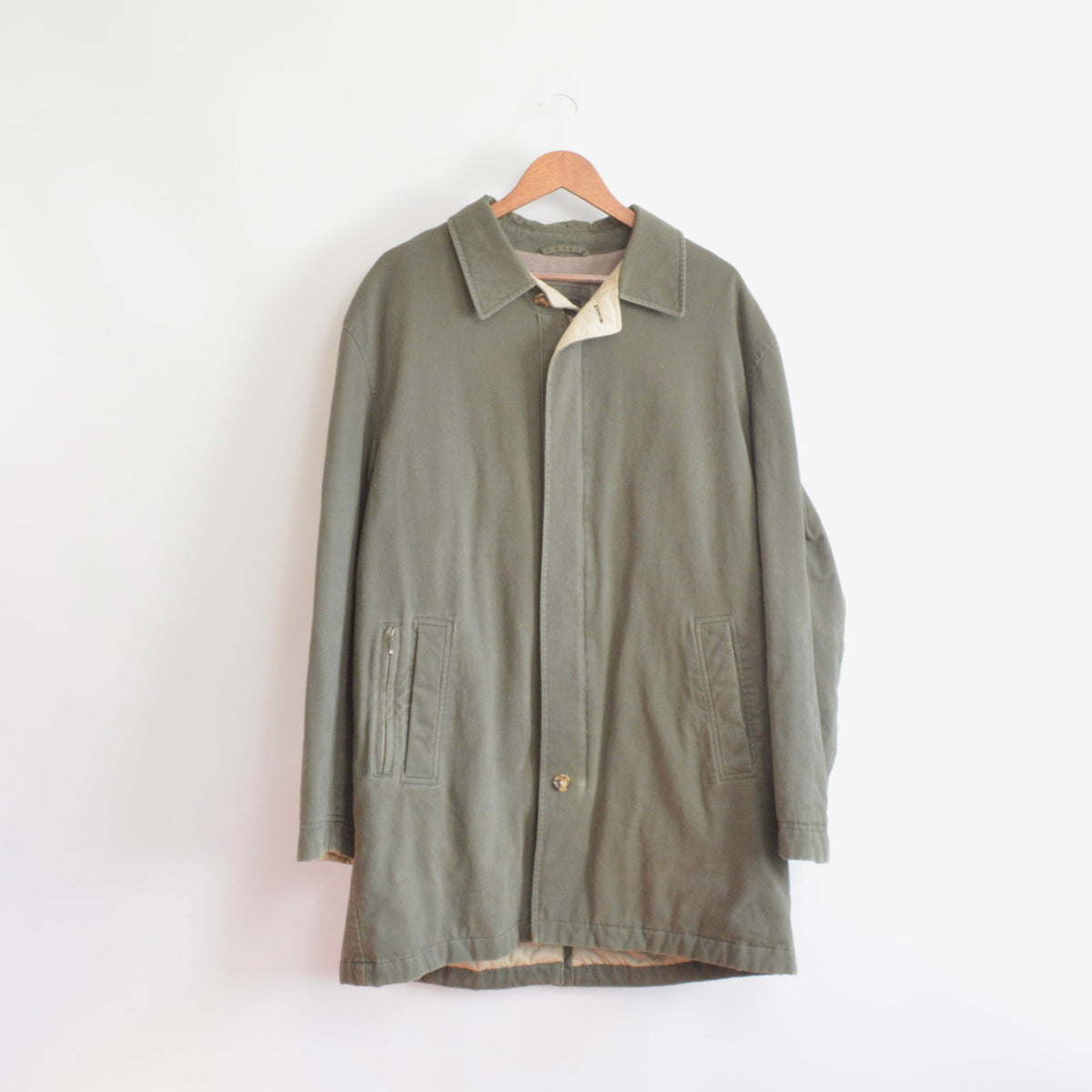 quilted olive green cotton mid length chore coat