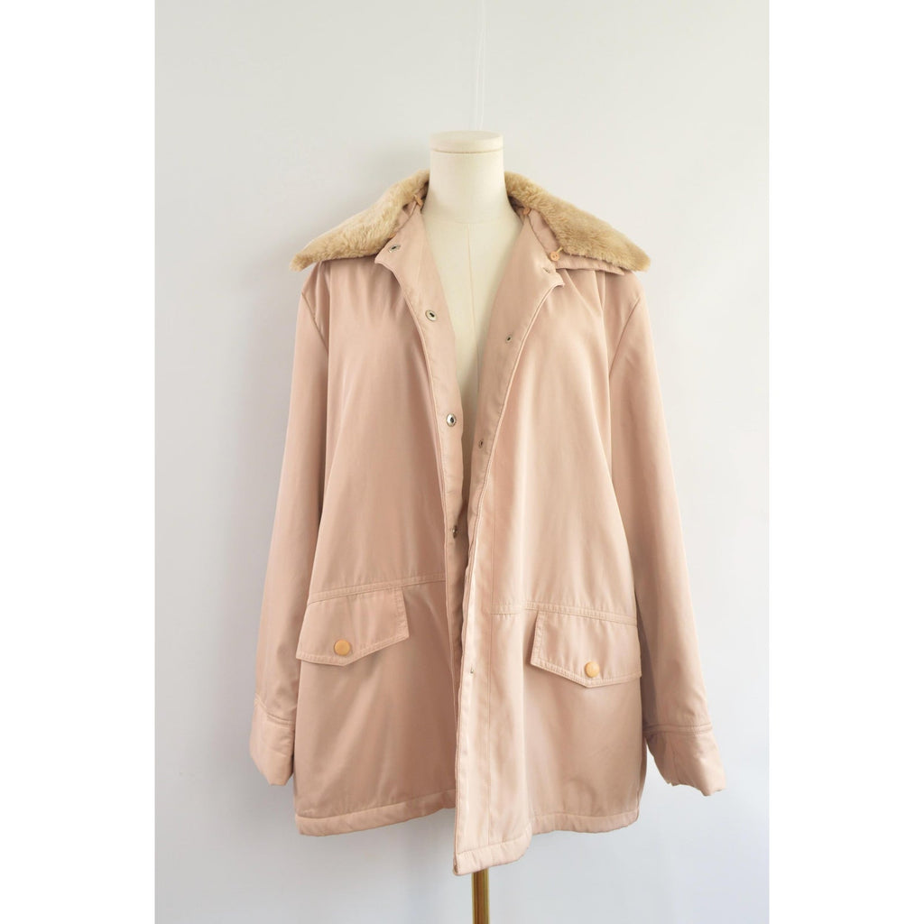 blush and tan cotton blend quilted insulated parka with removable faux fur collar