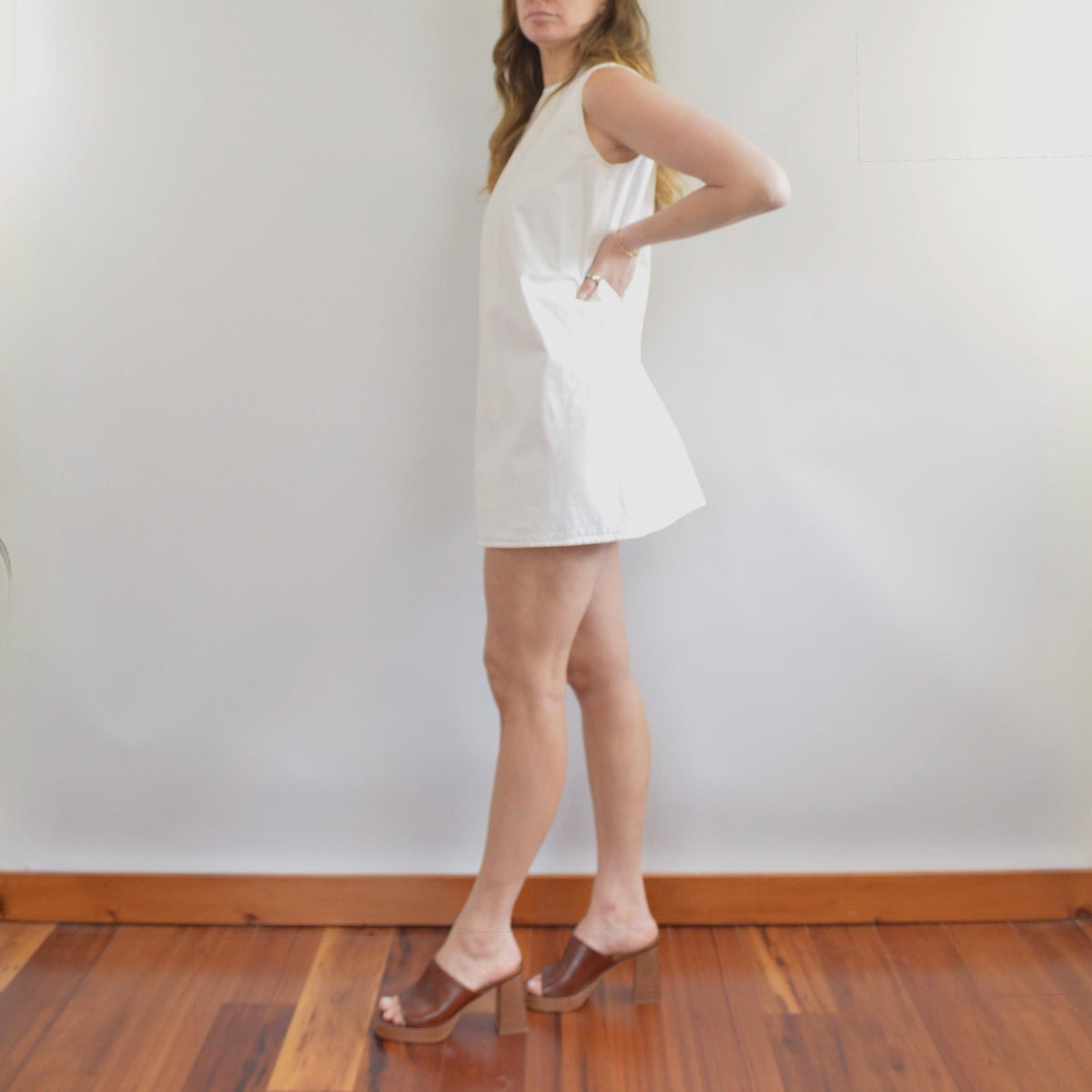 thick structured white denim mini dress