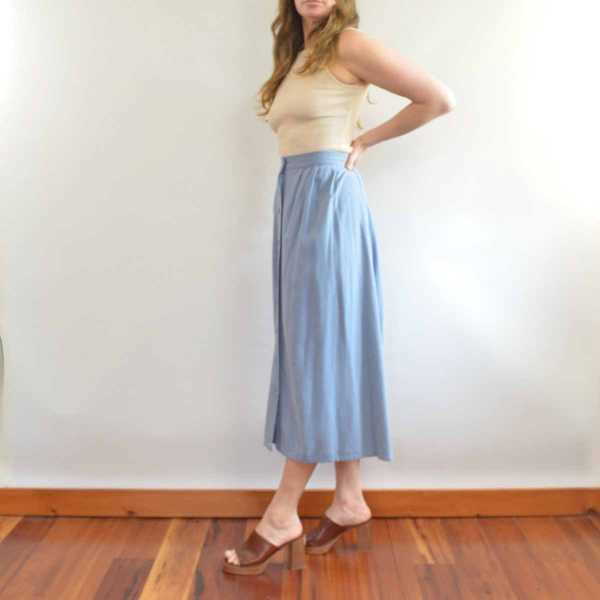 100% silk robins egg blue button down elastic waist midi skirt