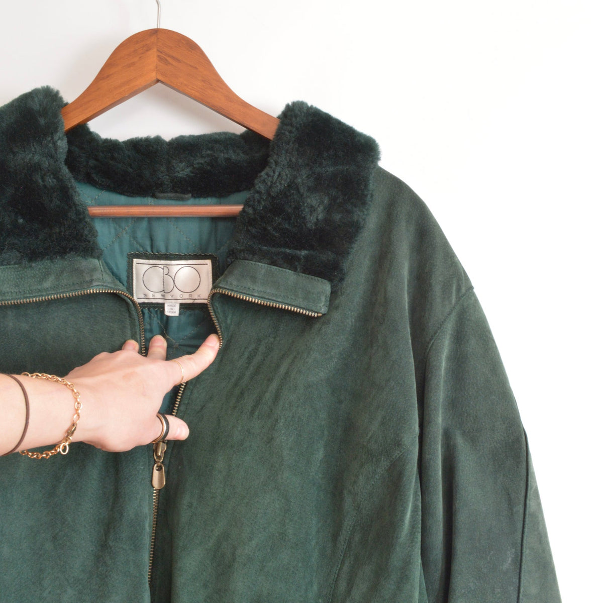 evergreen suede chore coat with sheepskin collar and cuffs
