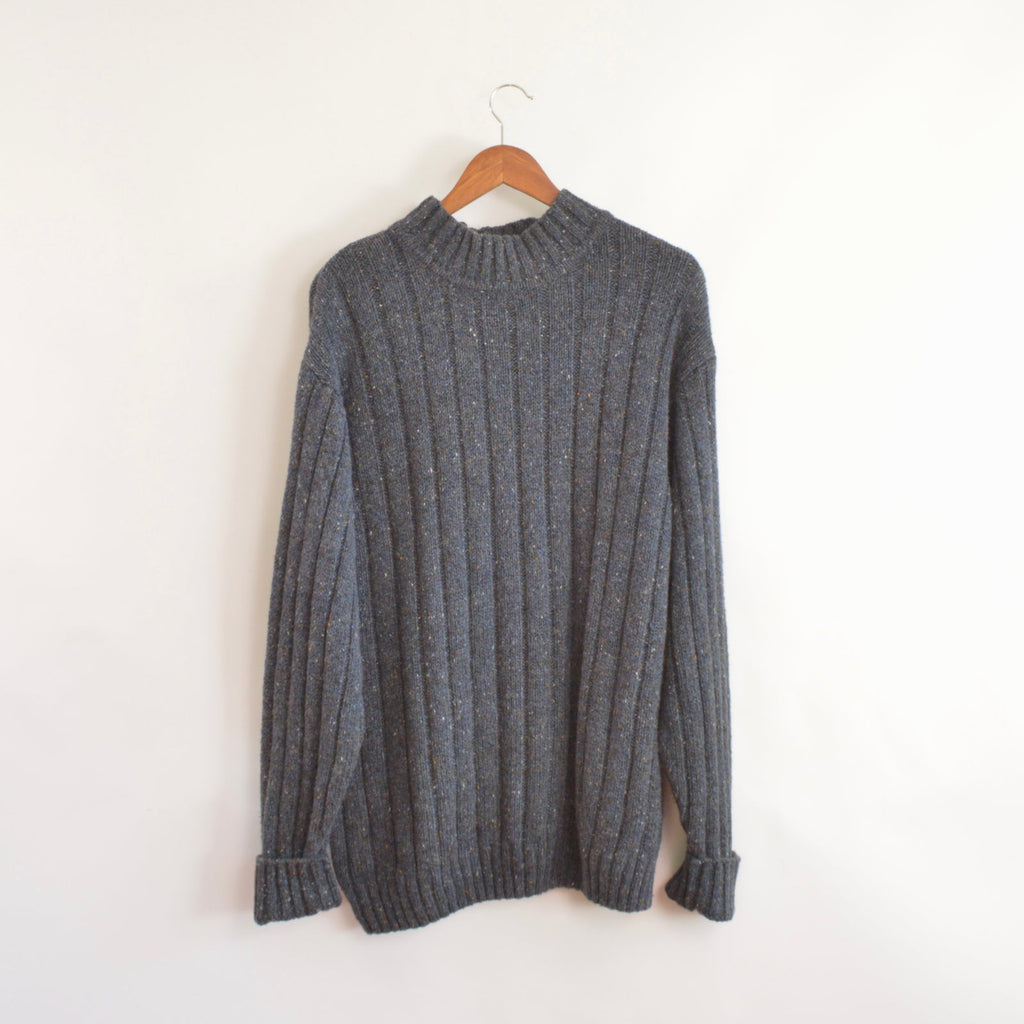 navy speckled ribbed mock neck wool blend sweater