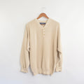 classic susquehanna trail beige and cream bubble knit quarter button cotton sweater
