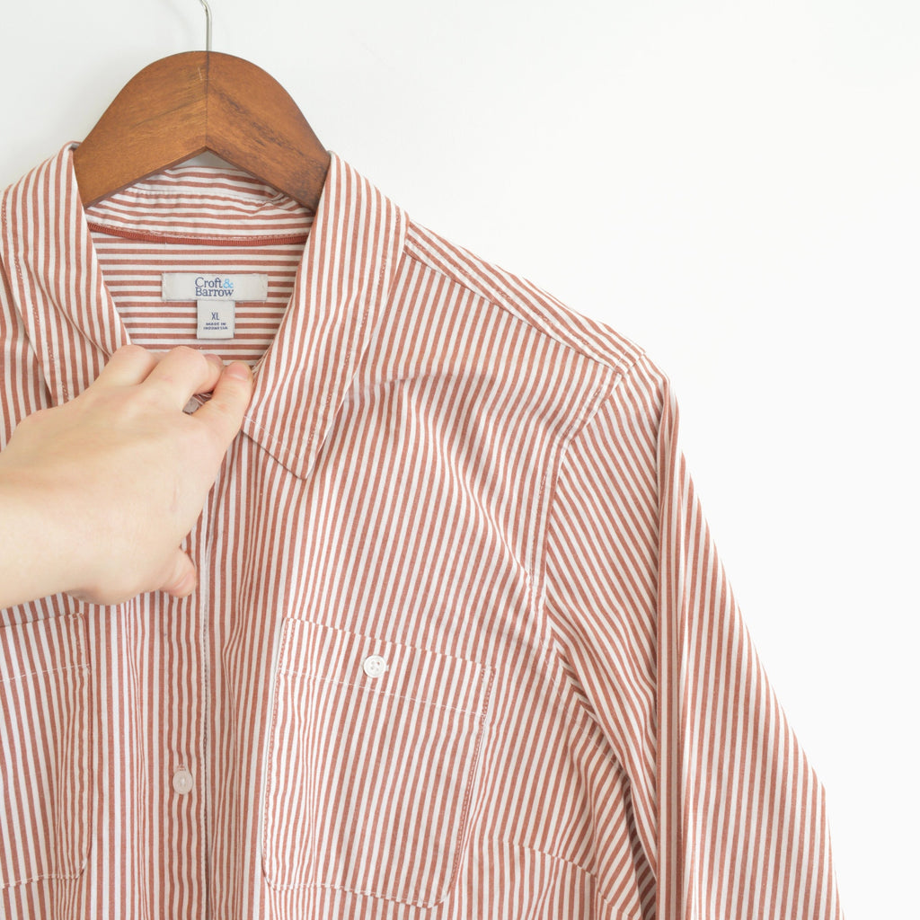 muted red and white striped cotton button down