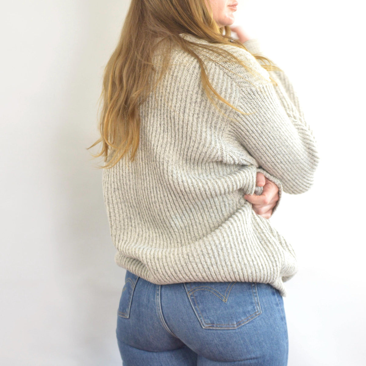 blue and white marled knit cotton quarter button vintage ll bean sweater
