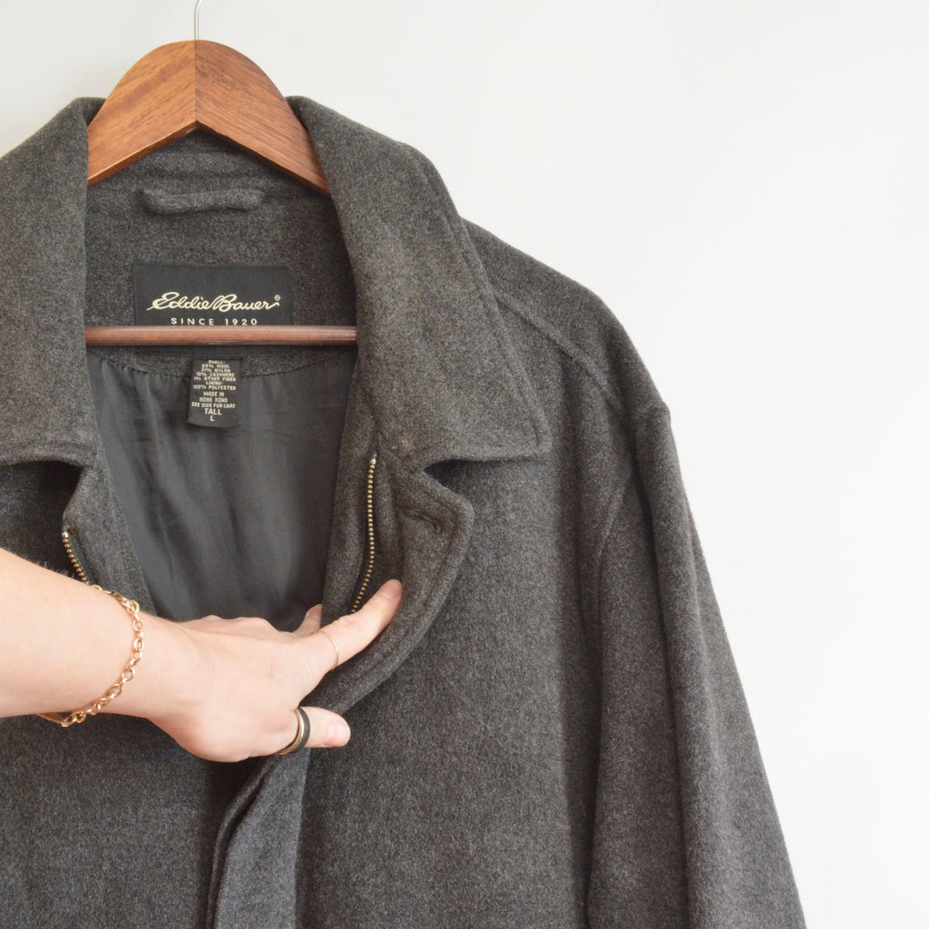 charcoal gray wool and cashmere blend mid length winter coat
