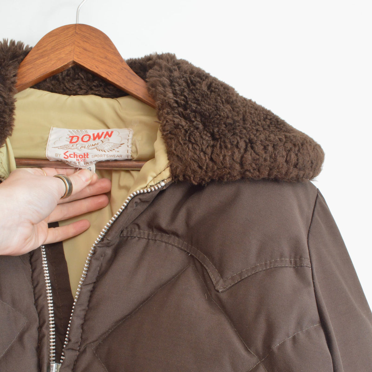 super cool park ranger meets cowboy brown puffer coat with fluffy collar