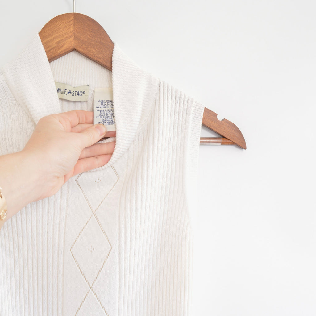 white stag white knit mock neck tank with argyle detail
