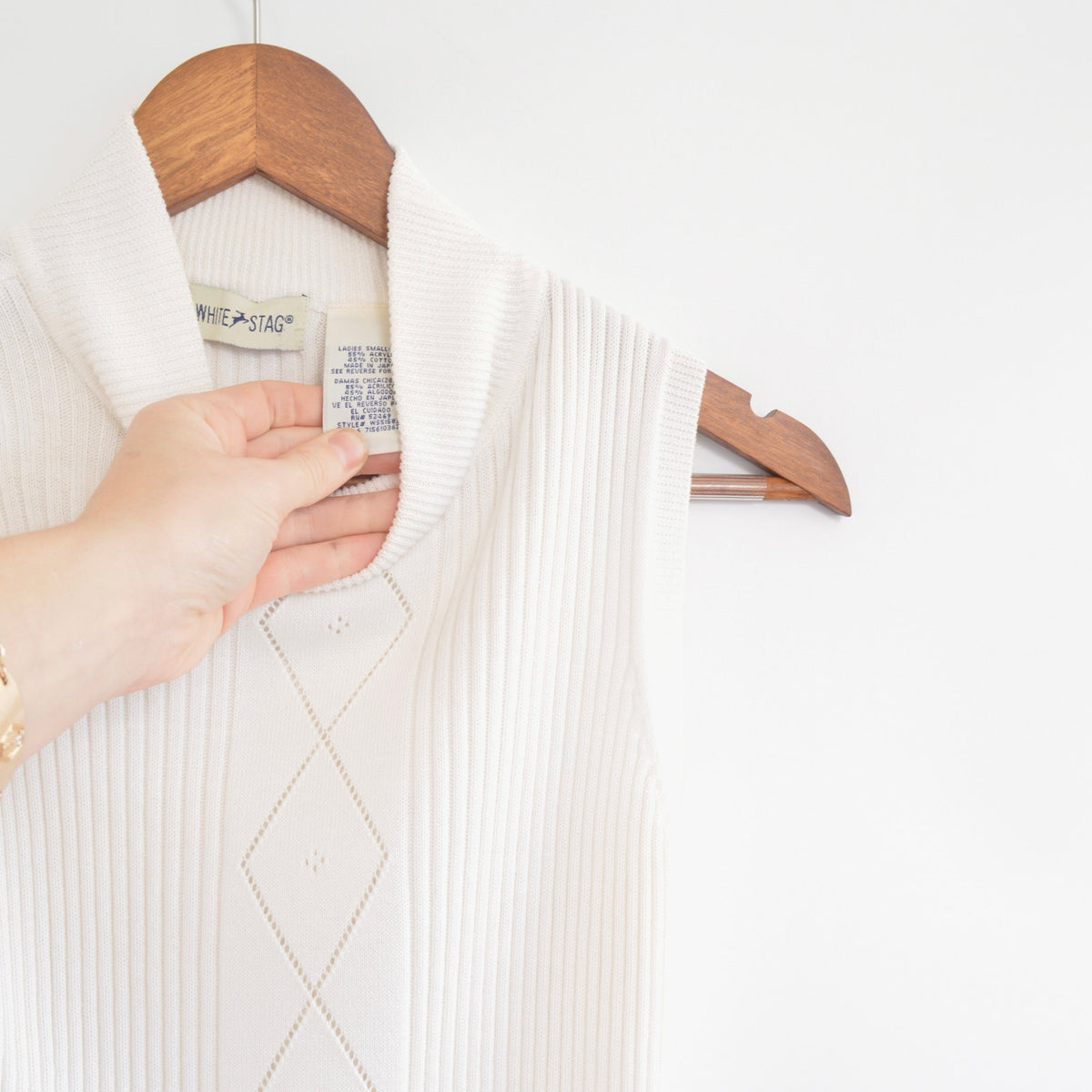 white stag white knit mock neck tank with argyle detail