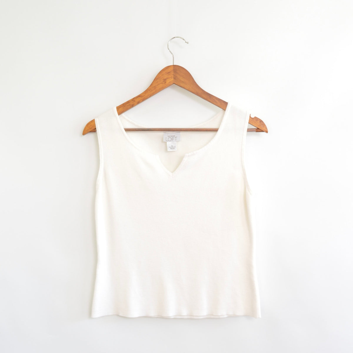 white sweater knit tank with cut out v detail