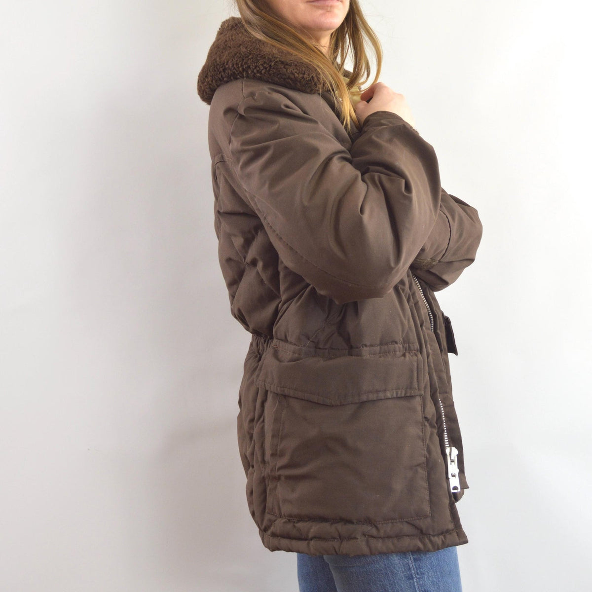 super cool park ranger meets cowboy brown puffer coat with fluffy collar