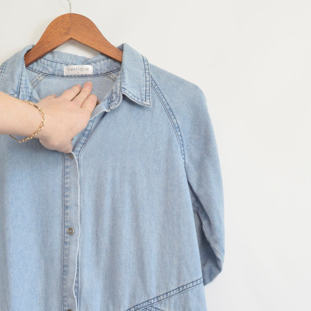 long sleeve light wash denim mini dress with western accents