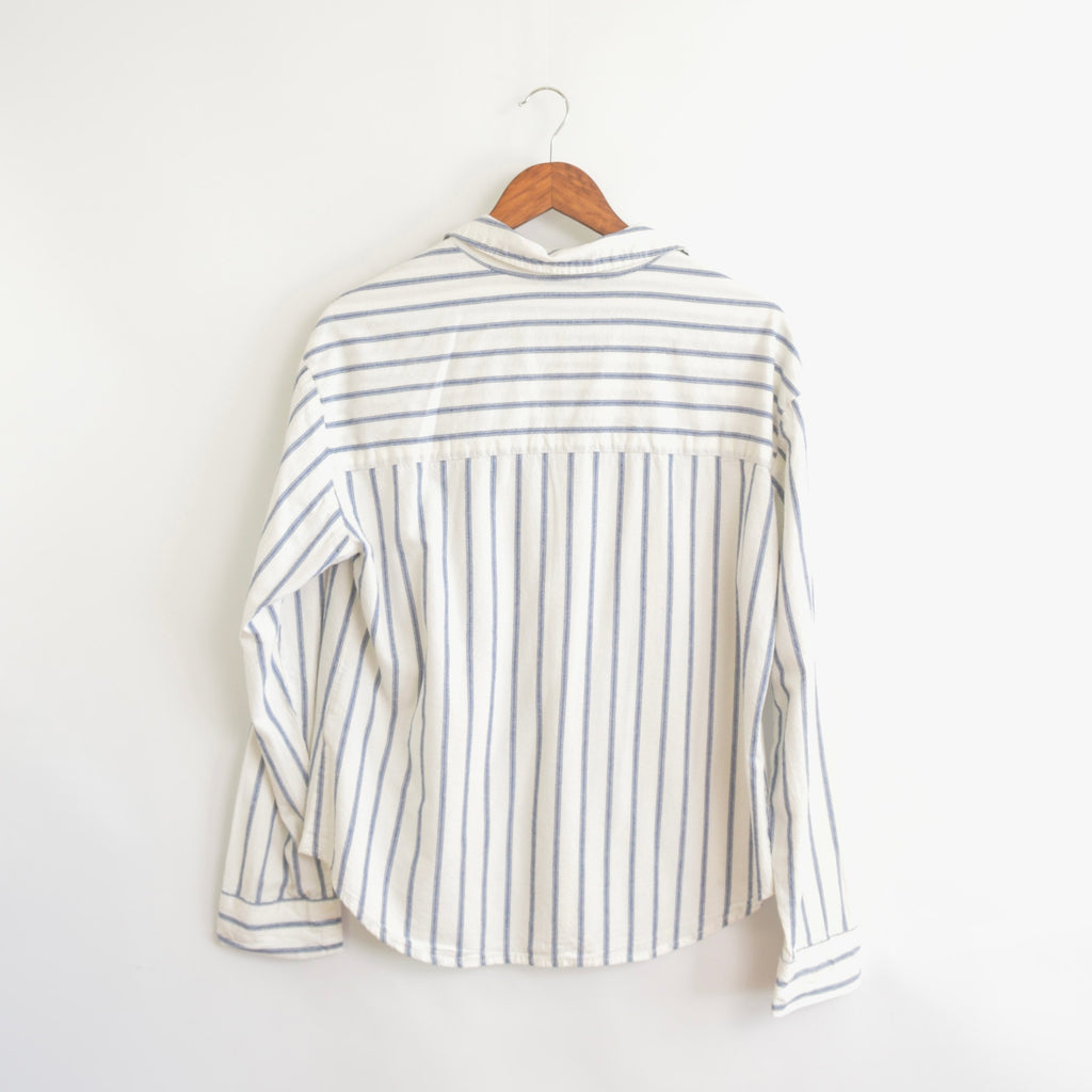 crinky linen blend blue and white striped button down