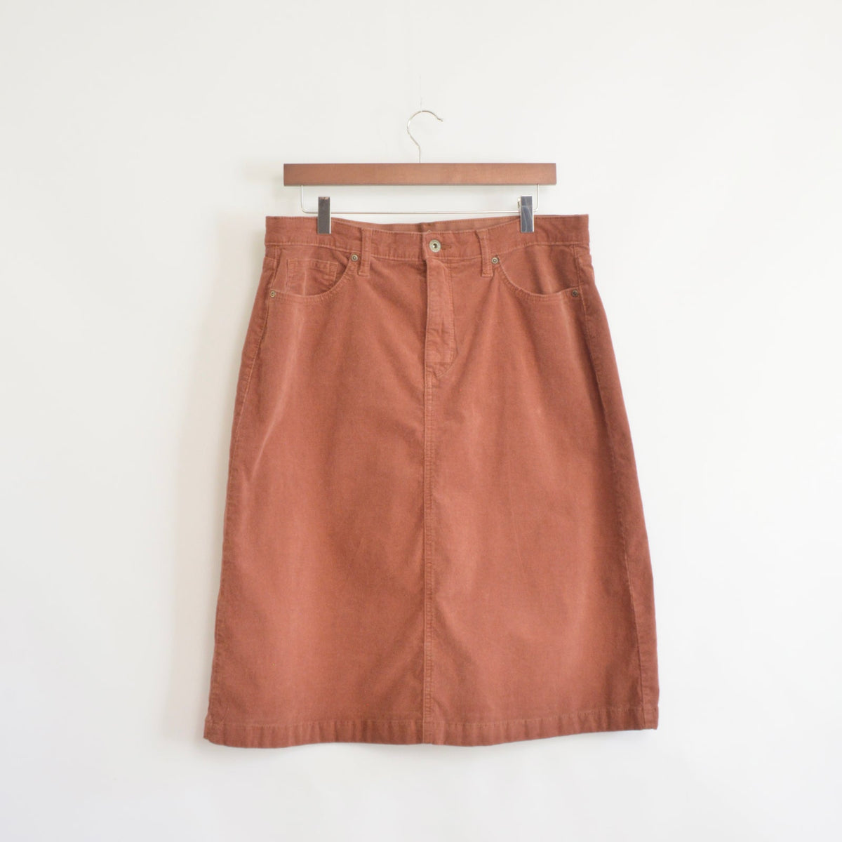 dusty rose knee length corduroy skirt
