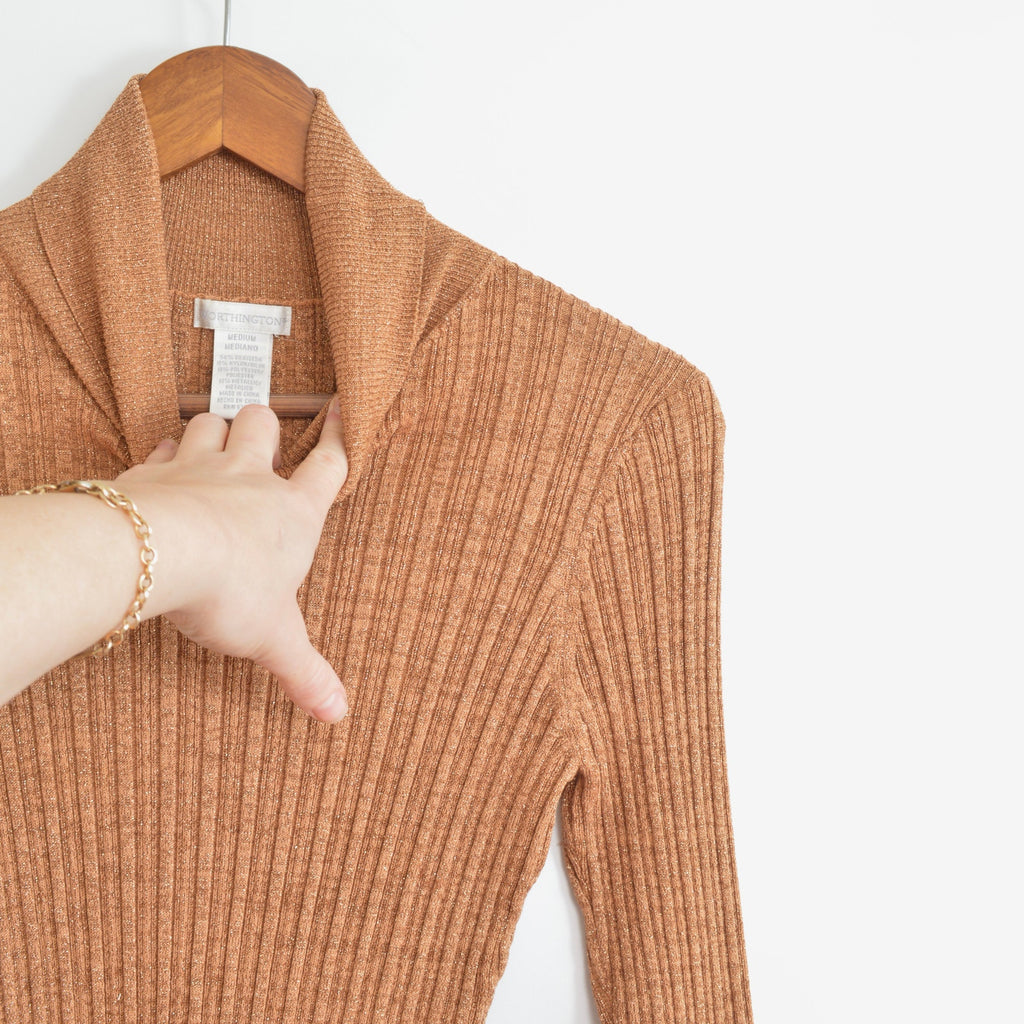 silk blend copper glitter knit turtleneck sweater top
