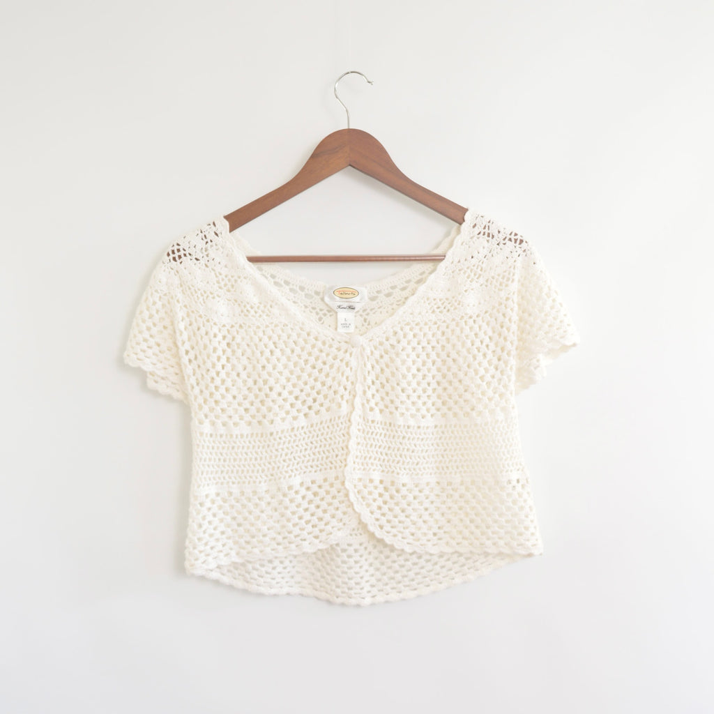 white cotton open knit cropped sweater