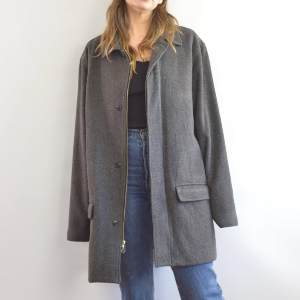 charcoal gray wool and cashmere blend mid length winter coat