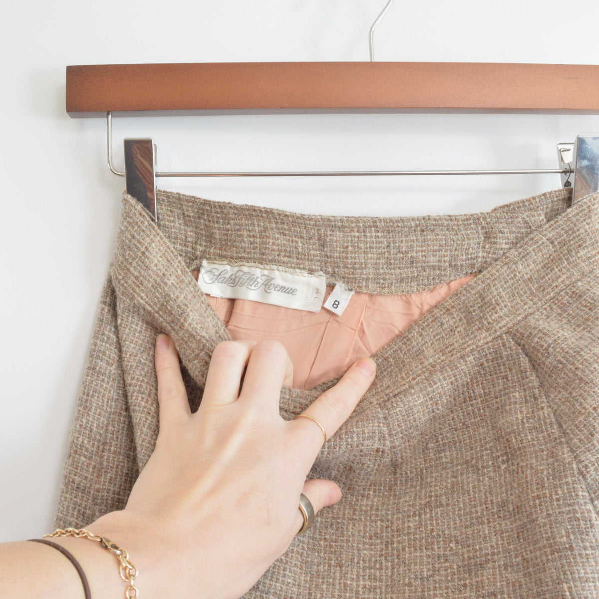 small vintage saks fifth avenue beige and brown woven wool side split skirt