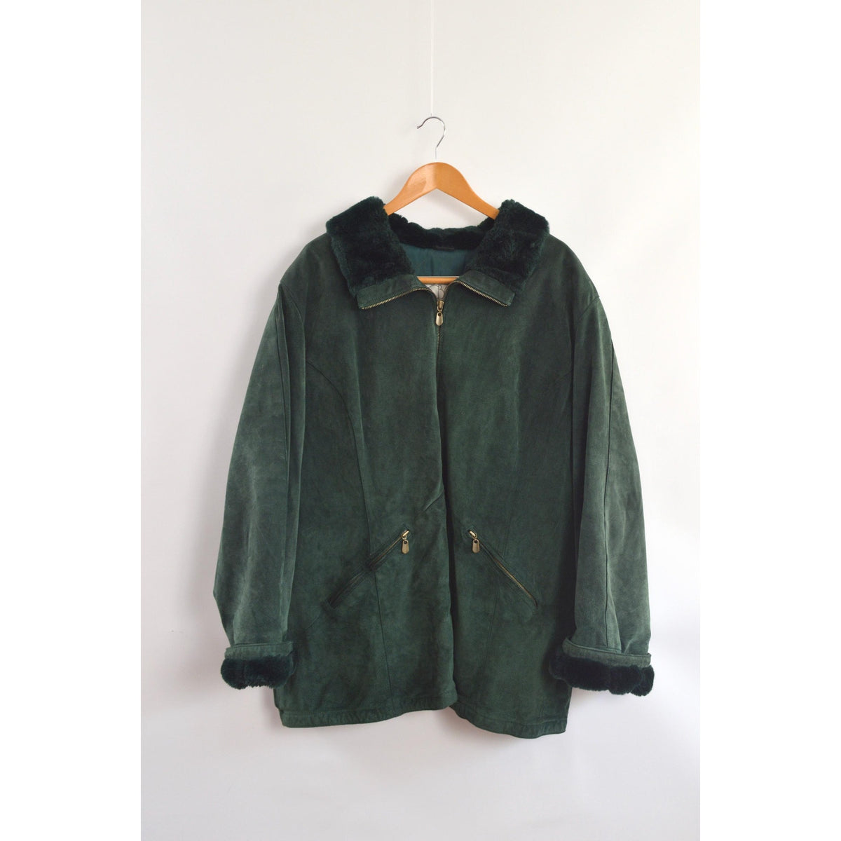 evergreen suede chore coat with sheepskin collar and cuffs