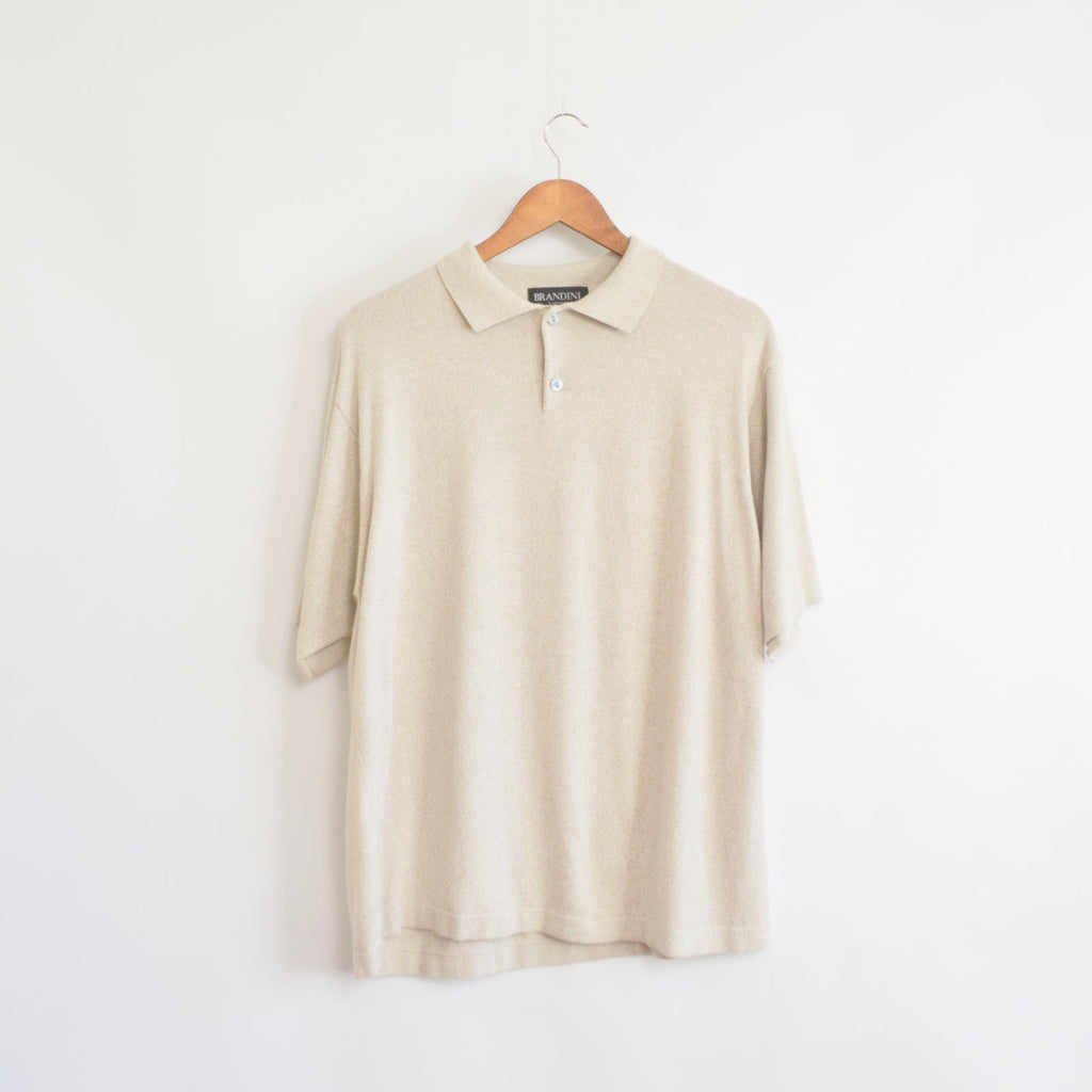 beige heathered collared short sleeve cotton blend knit shirt
