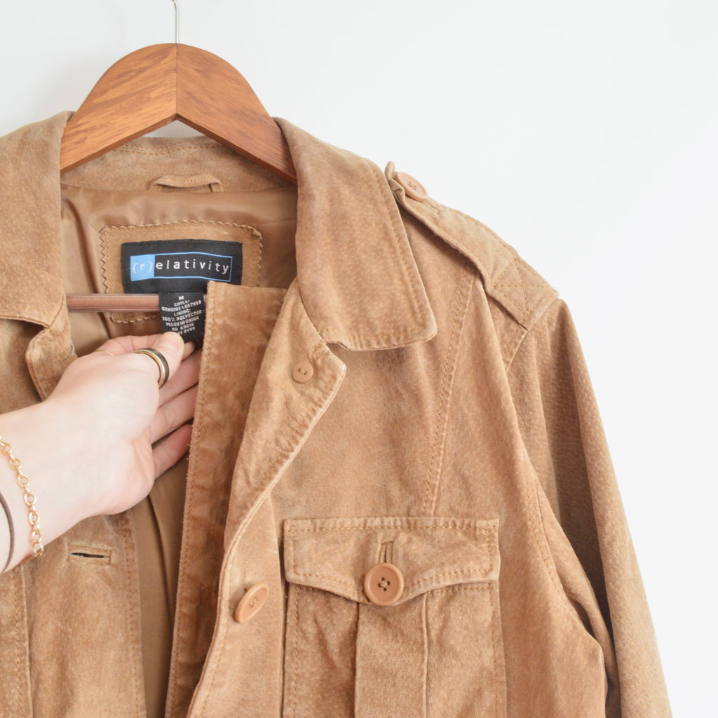 fully lined light brown vintage suede chore coat