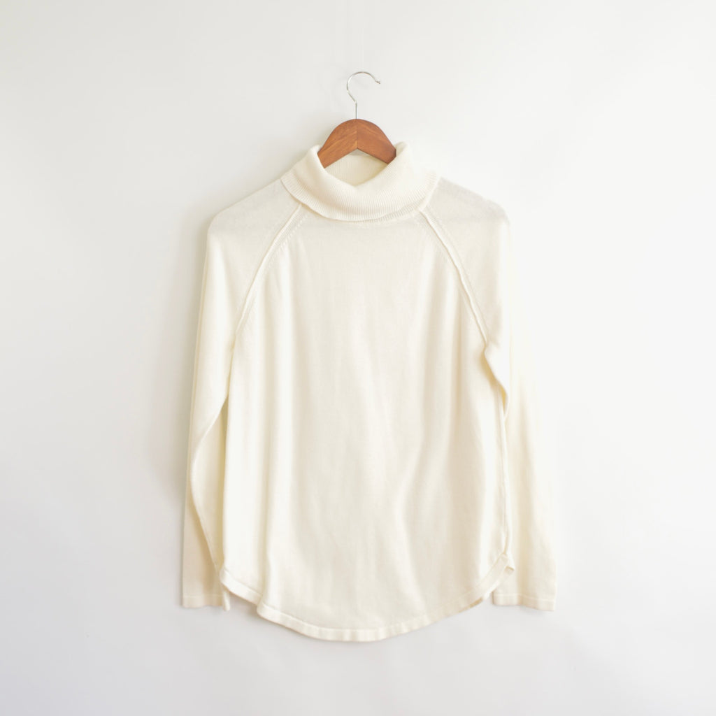 simple thin cream curved hem turtleneck sweater