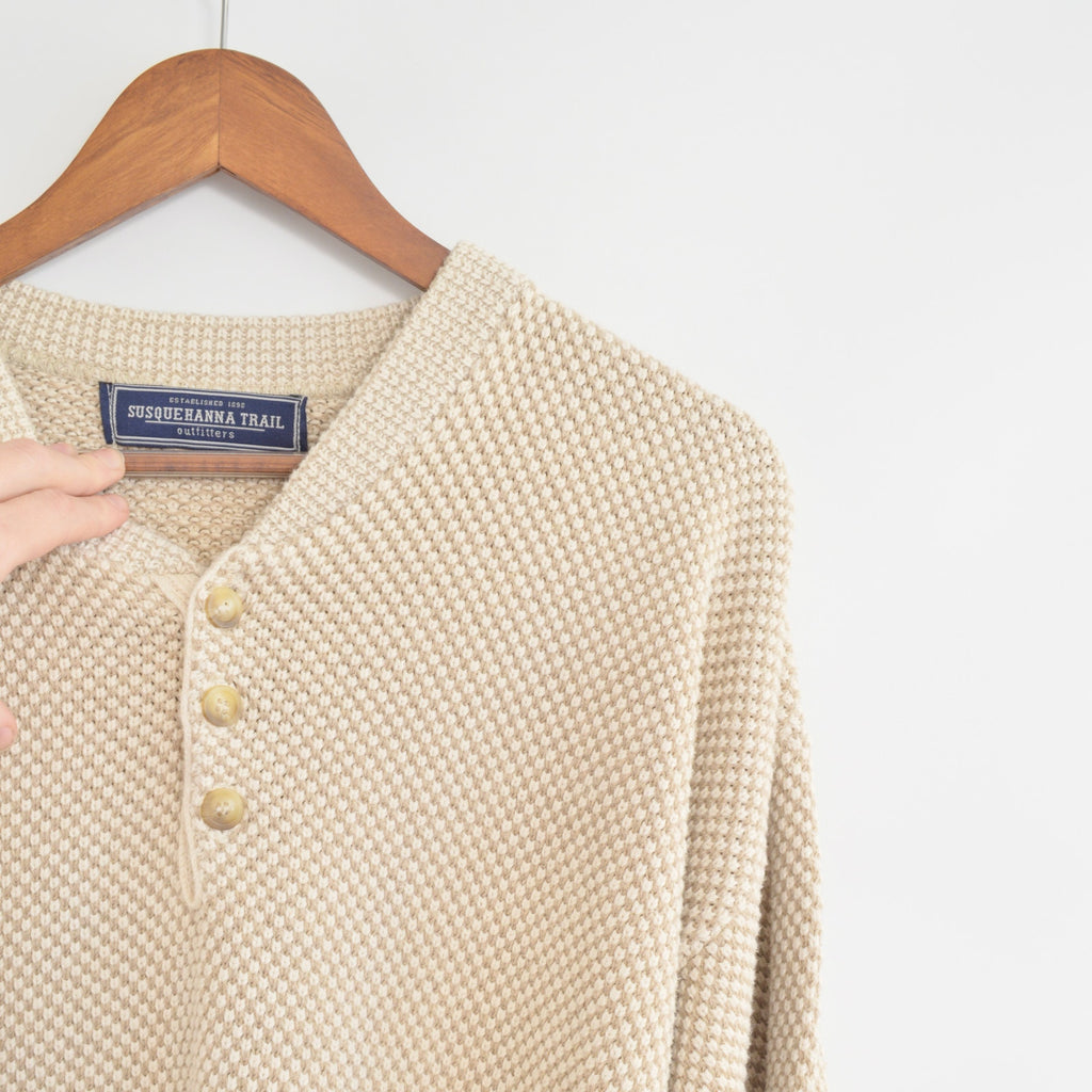 classic susquehanna trail beige and cream bubble knit quarter button cotton sweater
