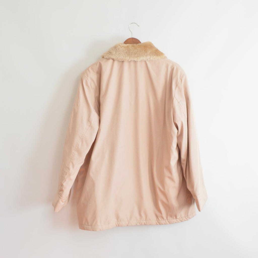 blush and tan cotton blend quilted insulated parka with removable faux fur collar