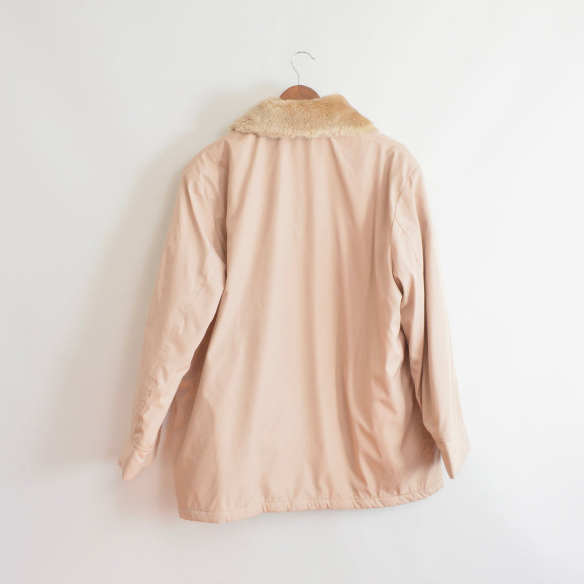 blush and tan cotton blend quilted insulated parka with removable faux fur collar
