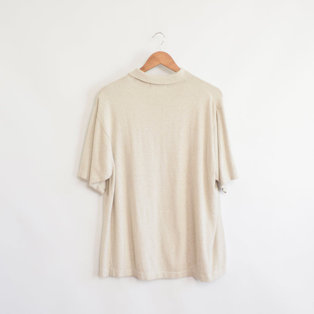 beige heathered collared short sleeve cotton blend knit shirt